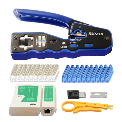RJ45 Crimpwerkzeug Set Kabeltester, mit 50 RJ45 CAT5 CAT5e Steckern, CAT5 Cat5e Crimpzange, Netzwerk Abisolierzange All-in-One-RJ45-Crimpwerkzeug-Set von RUIZHI