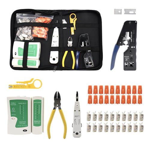 RJ45 Crimpzange Netzwerkstecker Set, Netzwerk Werkzeug Set, Mit 20 X RJ45 Stecker Cat7/Cat6aPass Through, LSA Auflegewerkzeug,Abisolierzange, Netzwerktester von RUIZHI