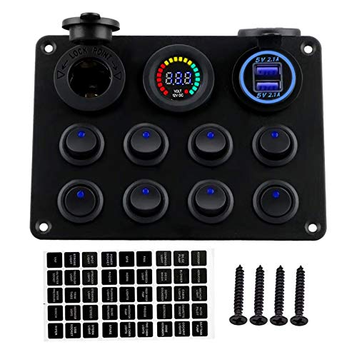 RUIZHI 8 Gang Wippschalttafel 12V/24V Digitaler Spannungsmesser Kippschalter Double USB Steckdose Rocker Switch Panel für Auto Boat von RUIZHI