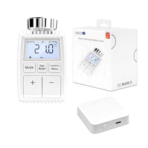 Smartes Heizkörperthermostat Digitaler Thermostat Heizung Heizungsthermostat Smartes Thermostat 1 x Thermostat für Heizung 1 x Hub mit App-Funktion kompatibel mit Alexa, Google Assistant von RUIZHI