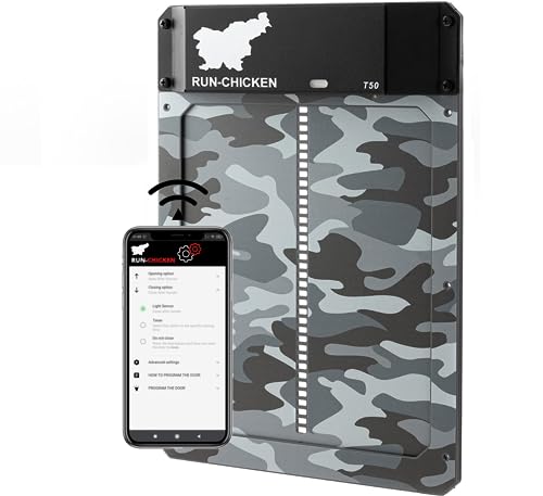 RUN-CHICKEN Automatische Hühnerklappe Batterie, Lichtsensor, Timer, Verzögerungsoption, Hühnertür Automatischer Türöffner, Elektrische Hühnerklappe Automatisch Modell T50, Camouflage-Grau von RUN-CHICKEN