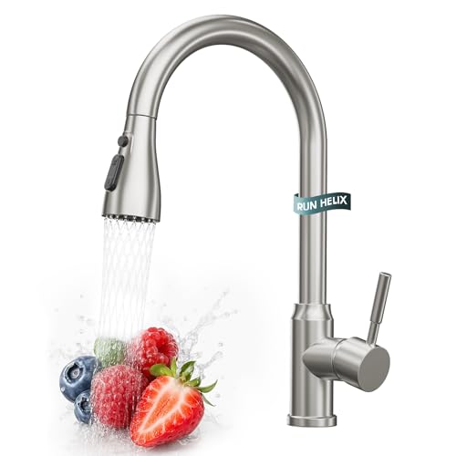 Ausziehbare Edelstahl, RUN HELIX Küchenarmatur - 3-Funktions-Brausekopf mit Herausziehbarer Brause, Küchenmischbatterie 360° Schwenkbar & Hoher Bogen, Edelstahlarmatur, Chrom Poliert von RUN HELIX