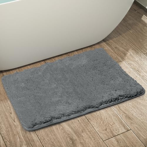 RUN HELIX Badematte 50x80cm, 2 cm Flauschiger Langer Haar Rutschfester Super Saugfähiger Maschinen-Mikrofaser waschbarer Badteppich für Badezimmer Badewanne Boden, Grau von RUN HELIX