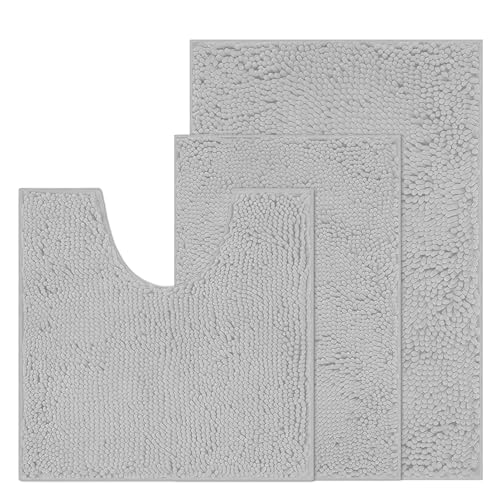 RUN HELIX Badematte Set, Weiche Chenille rutschfeste BadTeppich, 50x80 cm Badematte, 40x60cm Saugfähiges Badezimmer Teppiche 50x50 U Badematte, Hellgrau von RUN HELIX