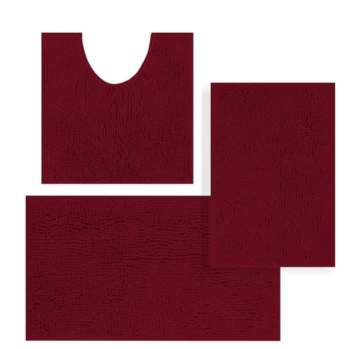 RUN HELIX Badezimmermatte 3er Set, rutschfeste Display-Badematte, weich und bequem, super saugfähiger Badteppich, maschinenwaschbar und schnell trocknend, geeignet für Badezimmer, Burgunderrot von RUN HELIX