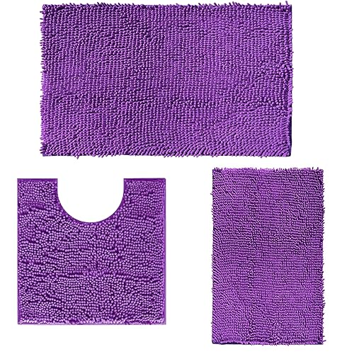 RUN HELIX Badezimmerteppich Set 3 Stück, Badematten-Set für das Badezimmer, Badteppich rutschfest Waschbar Badematten & Badteppiche, Badezimmer Set für Dusche, Badewannen, WC Deko (Dunkelviolett) von RUN HELIX