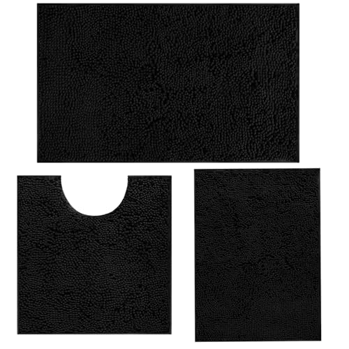 RUN HELIX Black Badezimmerteppich Set 3 Stück, Badematten-Set für das Badezimmer, Badteppich rutschfest Waschbar Badematten & Badteppiche, Badezimmer Set für Dusche, Badewannen (Schwarz) von RUN HELIX