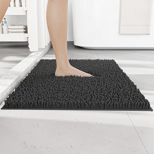 RUN HELIX Dark Grey Chenille Badematte rutschfest Anti-Schimmel Badematte 50x80 cm, zotteliger Badteppich, saugfähige Badematten für das Badezimmer, Flauschige Badematten (50 x 80 cm, Dunkelgrau) von RUN HELIX