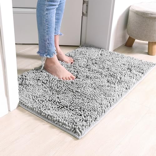 RUN HELIX Light Grey Chenille Badematte rutschfest Anti-Schimmel, Badematte 40x60 cm zotteliger Badteppich, saugfähige Badematten für das Badezimmer, Flauschige Badematten (40 x 60 cm, Hellgrau) von RUN HELIX