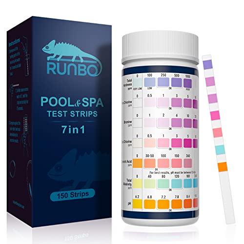 RUNBO 7 IN 1 Poolwasser Teststreifen für pH,150 Stück,Wassertester Tester für Spa Schwimmbad,Genauer Test-Brom, Gesamtalkalinität,Freies Chlor,Gesamthärte,Cyanursäure und Gesamtchlor，pH von RUNBO