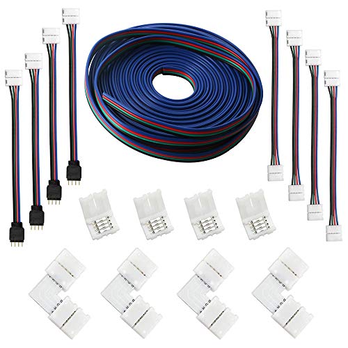 RUNCCI-YUN (5M 4-poliges RGB-LED-Streifenverlängerungskabel, LED-Streifen-Steckverbinder-Kits mit 4 Streifen-Jumpern, L-förmige Verbinder für flexibles 5050 RGB-Streifenlicht von RUNCCI-YUN