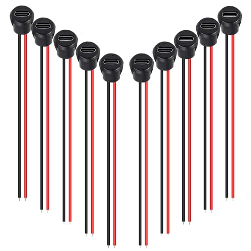 RUNCCI-YUN 10 Stücke USB C Buchse 5V 3A 2 Polige Runden mit Schnappnut Schnalle, 2-Draht USB C löten einbaubuchse mit PD Funktion,150mm 24 AWG Drähten, Schwarz von RUNCCI-YUN