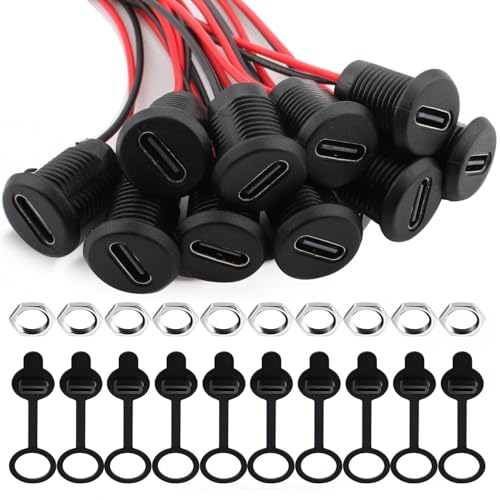 RUNCCI-YUN 10 Stücke USB C Buchse 5V 3A 2 Polige mit Staubschutzhüllen und Muttern, 2-Draht USB C löten einbaubuchse mit PD Funktion,150mm 24 AWG Drähten, Schwarz von RUNCCI-YUN