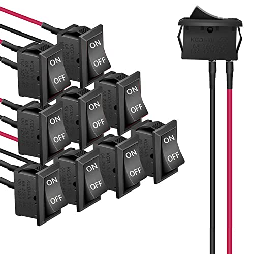 RUNCCI-YUN 10Stück Wippschalter ON-OFF Kippschalter 12V KFZ Schalter SPST Mini Wippschalter 20mm 2-pin AC 10A/125V 6A/250V für Motorrad, Limousine, Boot (schwarz mit Draht) von RUNCCI-YUN