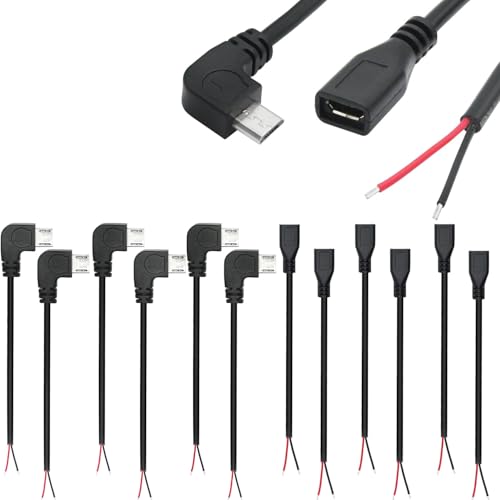 RUNCCI-YUN 12 Pieces Micro USB Pigtail Kabel 5V / 2A 90 Degree USB 2.0 Power blankes Kabel 22 AWG USB 2.0 Plug Socket 2-Pin löten DIY Pigtail Cable for USB Devices Repair DIY Cable(30 cm) von RUNCCI-YUN