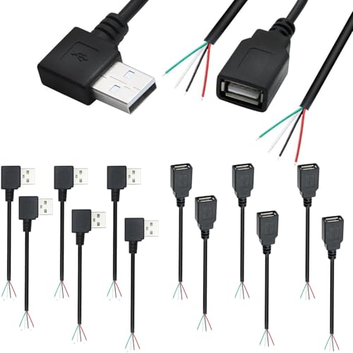 RUNCCI-YUN 12 Pieces USB A Pigtail Kabel 5V / 2A USB 2.0 Power blankes Kabel Pigtail 28 AWG USB 2.0 Plug 90 Degree 4-Pin löten 5V Data Line for USB Devices Repair DIY Cable (30 cm) von RUNCCI-YUN