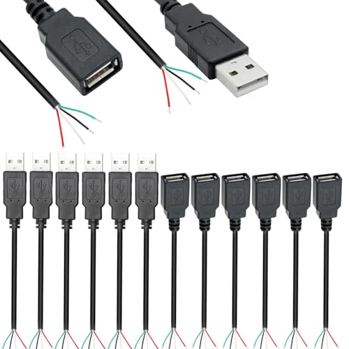 RUNCCI-YUN 12 Pieces USB A Pigtail Kabel 5V / 2A USB 2.0 Power blankes Kabel Pigtail 28 AWG USB 2.0 Plug Socket 4-Pin Wire stecker löten 5V Data Line for USB Devices Repair DIY Cable (30 cm) von RUNCCI-YUN