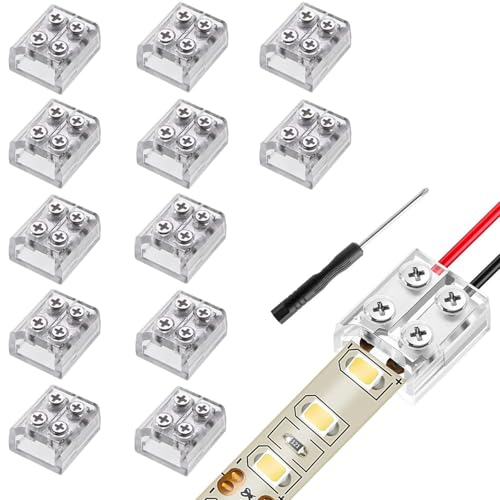 RUNCCI-YUN 12 Stücke LED Streifen Verbinder 2 polig 10mm 12V,transparent Lötfrei Screw Terminal Block 2 polig 8mm Verbinder mit Schraubendreher für einfarbige 12V und 24V LED Streifen von RUNCCI-YUN