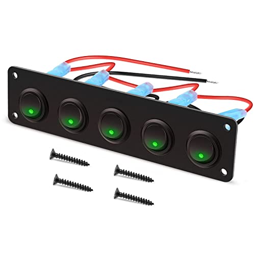 RUNCCI-YUN 12V/24V Schalter Panel, 5 Gang ，Auto Kippschalter Panel, SPST 3 Polig 2 Position Runden Wippschalter Kippschalter Panel mit Grün LED Licht für RV, Auto, Yacht, Marine (12-24V) von RUNCCI-YUN