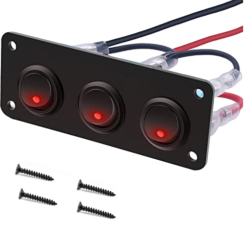 RUNCCI-YUN 12V/24V Schalter Panel,3 Gang ，Auto Kippschalter Panel, SPST 3 Polig 2 Position Runden Wippschalter Kippschalter Panel mit Rot LED Licht für RV, Auto, Yacht, Marine (12-24V) von RUNCCI-YUN