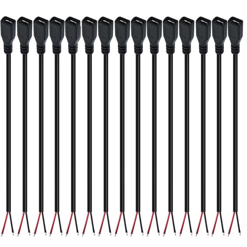 RUNCCI-YUN 15PCS Micro USB Pigtail Kabel, 22AWG 3A USB Buchse, 2-adriges USB Verlängerungskabel, für Heimwerker (30 cm) von RUNCCI-YUN