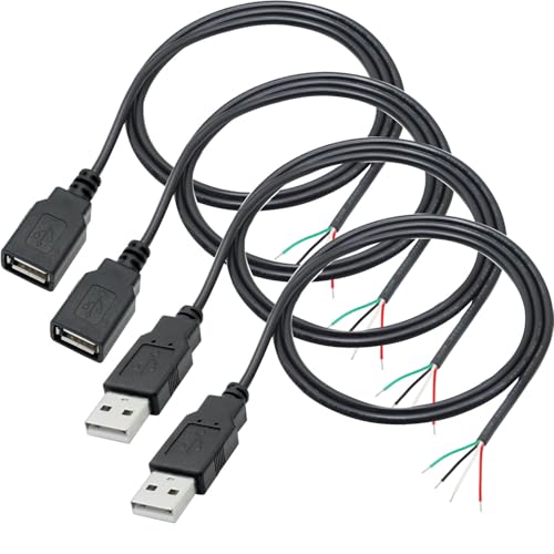 RUNCCI-YUN 4 Pieces USB A Pigtail Kabel 5V / 2A USB 2.0 Power blankes Kabel Pigtail 28 AWG USB 2.0 Plug Socket 4-Pin löten 5V Data Line for USB Devices Repair DIY Cable (100 cm) von RUNCCI-YUN