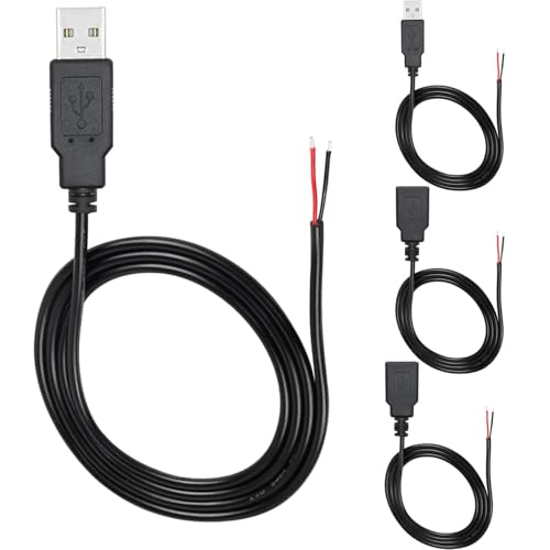 RUNCCI-YUN 4Pieces USB A Pigtail Kabel 5V / 2A USB 2.0 Power blankes Kabel Pigtail 22 AWG USB 2.0 Plug Socket 2-Pin löten DIY Pigtail Cable for USB Devices Repair DIY Cable(100cm) von RUNCCI-YUN