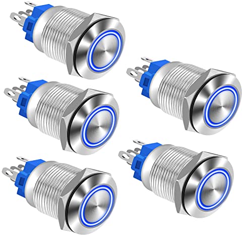 RUNCCI-YUN 5 Stücke 16mm Metall Verriegelung Druckschalter, DC 12 V / 24 V 4 Pin SPDT EIN/AUS Schalter mit Blauer LED-Licht, wasserdichte Selbsthemmende Runde Schalter (Flachkopf) von RUNCCI-YUN