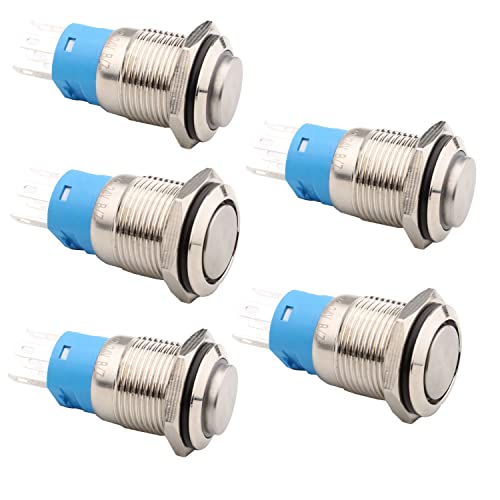 RUNCCI-YUN 5 Stücke 16mm Metall Verriegelung Druckschalter, DC 12 V / 24 V 4 Pin SPDT Schalter mit Blauer LED-Licht, wasserdichte Selbsthemmende Runde Schalter (Hervorstehend) von RUNCCI-YUN