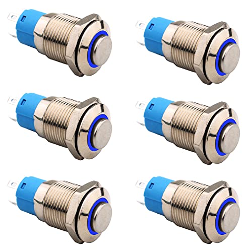 RUNCCI-YUN 6 Stücke 12mm Metall Verriegelung Druckschalter,DC 12 V / 24 V 4 Pin SPDT EIN/AUS Schalter mit Blauer LED-Licht, wasserdichte Selbsthemmende Runde Schalter (Hervorstehend) von RUNCCI-YUN