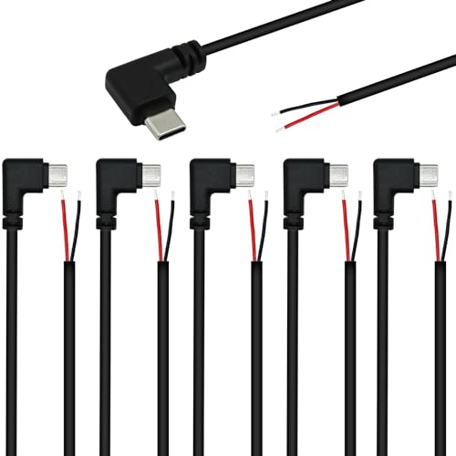 RUNCCI-YUN 6 Stücke 25cm 22AWG 90 Grad USB Typ C Stecker Pigtail Stromkabel, 5V 3A USB-C-Stecker auf 2-Poligen Blanken Draht Offenes Ende, USB Typ C Pigtail Kabel-Verlängerungskabel, für LED-Leuchten von RUNCCI-YUN