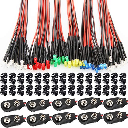 RUNCCI-YUN 60Pcs 3mm Leds mit 20cm Kabel, DC 12V , Vorverdrahtete -Dioden Licht (Rot, Gelb, GRÜN, Weiß, Warmweiß, Blau) + Montageringe Plastik+9V Batterieklemme von RUNCCI-YUN