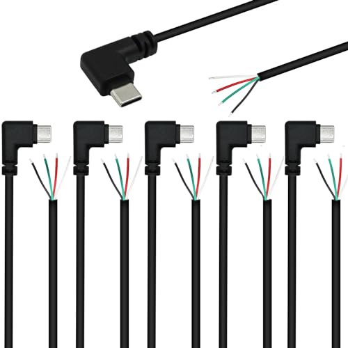 RUNCCI-YUN 6Stücke 25cm 28AWG 90 Grad USB Typ C Stecker Pigtail Stromkabel, 5V 3A USB-C-Stecker auf 4-Poligen Blanken Draht Offenes Ende, für LED-Leuchten von RUNCCI-YUN