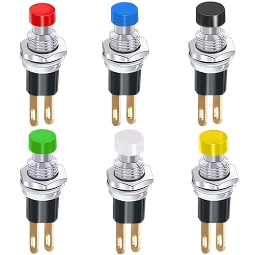 RUNCCI-YUN 6pcs 7mm Mini Selbsthemmender Druckschalter,ON/OFF 2Pin Runde drucktaster für Auto Boot Arduino DIY AC 250V/1.5A 125V/3A mini taster(Schwarz, Weiß, Blau, Rot, Gelb, Grün) von RUNCCI-YUN