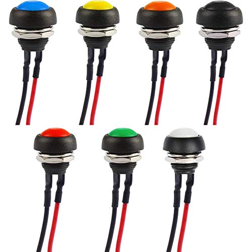 RUNCCI-YUN 7 Stück 12mm Momentanen Druckschalter，Mini Momentary Push Button Schalter, Mini DruckTaster, ON-OFF Wasserdicht Druckknopf für Auto Boot Arduino DIY, Rund,7 Farben (mit Draht) von RUNCCI-YUN