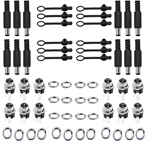 RUNCCI-YUN DC-Steckdose, 12 x DC-Hohlstecker mit Lötanschluss, 5,5 mm x 2,1 mm + 12 x DC-Stecker mit Gewindebuchse + 12x Gummi-Schutzklappen von RUNCCI-YUN