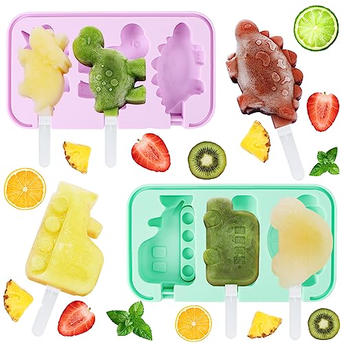 RUNEAY Eisformen Eis Am Stiel 2 Stück, Eisformen Silikon, Silikonform Eis Am Stiel mit Deckel, Eisformen kinder DIY Kreative Eis Formen BPA Frei Kinder Popsicle Formen (Dinosaurier+Fahrzeug) von RUNEAY