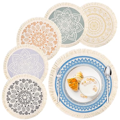 Platzset Boho 6er Set,RUNEAY Platzdeckchen Rund Gewebte Tischsets Baumwolle Platzsets Abwaschbar Hitzebeständig für Hochzeit Restaurant Party Outdoor Tischdeko(Ø 33cm/13zoll) von RUNEAY