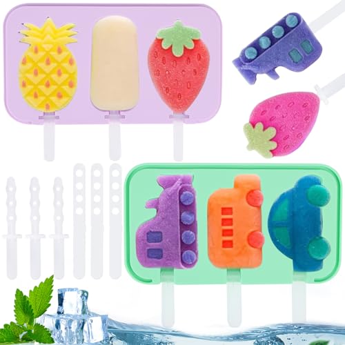 RUNEAY Eisformen Eis Am Stiel 2 Stück, Eisformen Silikon, Silikonform Eis Am Stiel mit Deckel, Eisformen Kinder DIY Kreative Eis Formen BPA Frei Kinder Popsicle Formen (Früchte+Fahrzeug) von RUNEAY