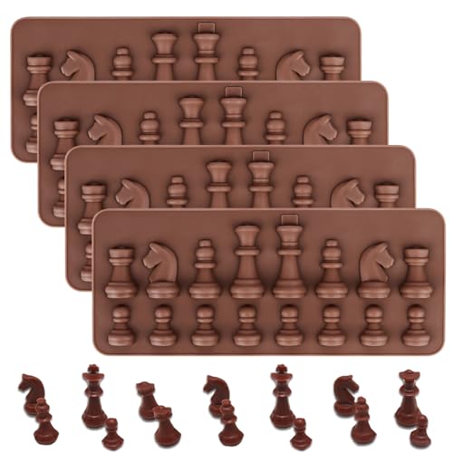 Schokoladenform Silikon Schach 4 Pcs, RUNEAY 3D Schokolade Silikonform Pralinenform Silikon Schokolade Selber Machen Set, Silikonform Pralinen Selber Machen für DIY Schokolade, Kuchen Deko,Topper Deko von RUNEAY