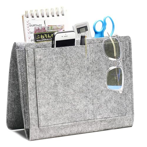 1 Stück Bett Organizer,Betttasche,Aufbewahrung Bett Bettaufhänger-Aufbewahrungstasche Aus Filz für Tisch,Bettaufhänger Bett Tasche,Sofa Organizer Anti Rutsch Dicke Filz Nachttisch Tasche-Hellgrau von RUNFENG