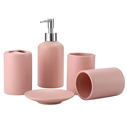 RUNLAIKEJI Rosa Badezimmer Zubehör Set 5 Stück, Minimalistisches Seifenspender und Zahnbürstenhalter Set, Home Badezimmer Theke Set mit Seifenspender, Seifenschale, Zahnbürstenhalter, 2 Mundspülbecher von RUNLAIKEJI