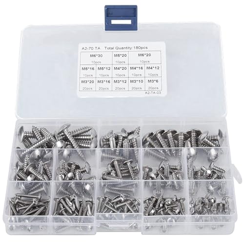 180 Stück M3 M4 M5 M6 Selbstschneidende Schrauben, Edelstahl Kreuzschlitz Holzschrauben Sortiment Set, Selbstbohrende Tellerkopfschrauben mit Aufbewahrungsbox für Holzbearbeitung Reparaturen Silber von RUNQIN OUTDOOR