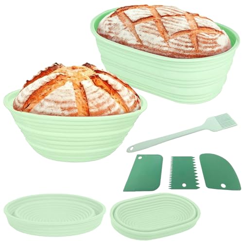 2Pcs Faltbarer Brotbacken Gärkorb Gärkörbchen, 22cm Runde & 26cm Oval Silikon Banneton Brotgärkörbe, Brot Sauerteig-Backkorb-Starter-Set, Leicht zu Reinigen Aufzubewahren (1 Bratpinsel, 3 Teigschaber) von RUNQIN OUTDOOR