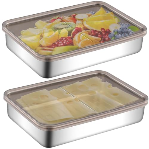 2er Set Frischhaltedosen Edelstahl mit Luftdicht Deckel,800ML Fresh Aufschnittbox Organizer,Mehrweg Stackables Lebensmittel Aufbewahrungsbox,Kühlschrank Vorratsdosen für Käse,Fleisch,Wurst 19.5*14*4cm von RUNQIN OUTDOOR