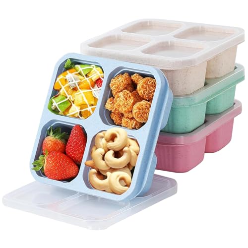 4 Stück Snackboxen mit Transparentem Deckel & 4 Fächer, Wiederverwendbare Snack-Behälter, Stapelbar Snackbox mit Fächern, Brotdose Snackdose, Kinder Erwachsene Bento Snack Box für Schule Arbeit Reisen von RUNQIN OUTDOOR