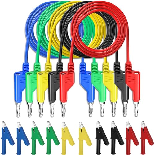 5 Stück 4mm Multimeter Messleitungen Set mit 10 Isolierte Krokodiklemmen, 5 Farben Bananenstecker Kabel Kit, 1m Elektrische Prüfung Messkabel für Digital Multimeter Spannungsprüfer, Strommessgeräte von RUNQIN OUTDOOR