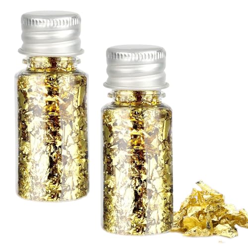RUNQIN 2 Flaschen Essbare Blattgoldblätter, Gold Folien Flocken Blattgold, Goldfolie Papier zum Basteln Lebensmittel Kuchen Backen Torten Dekorfolie Kunsthandwerk, Essbar Goldfolienflocken Tortendeko von RUNQIN OUTDOOR