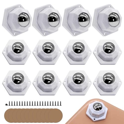 RUNYU 12 Stück Möbelrollen Klein, 360 Grad Kugelrollen für Möbel mit 24 Schrauben + 12 Doppelseitiges Klebeband Selbstklebendes Rollen für Möbel Schiebe Förderrolle(Weiß) von Runyu