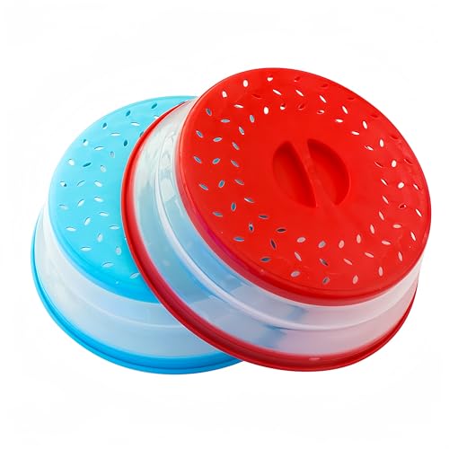 Zusammenklappbare Mikrowellen-Abdeckung, BPA-frei, TPR, 26,7 cm, rund, mit Griff, Rot + Blau… von RUNZI